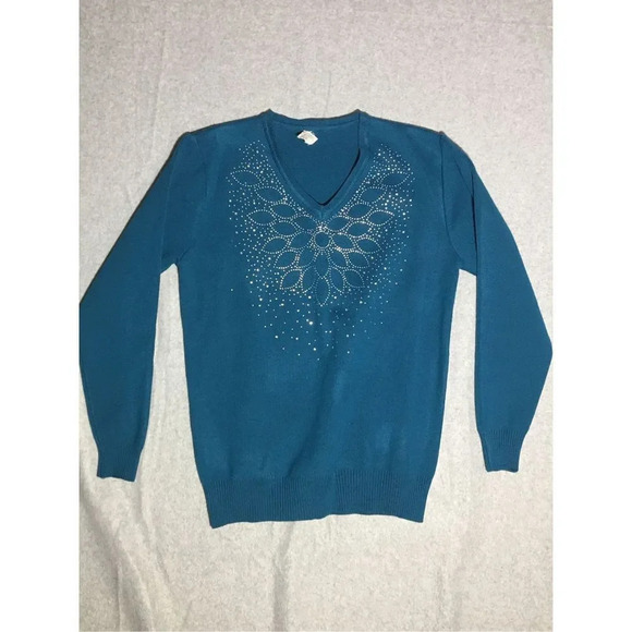 Vintage Sweaters - Womens Vintage Bedazzled Sweater Size Medium New Years Eve Party Teal Blue